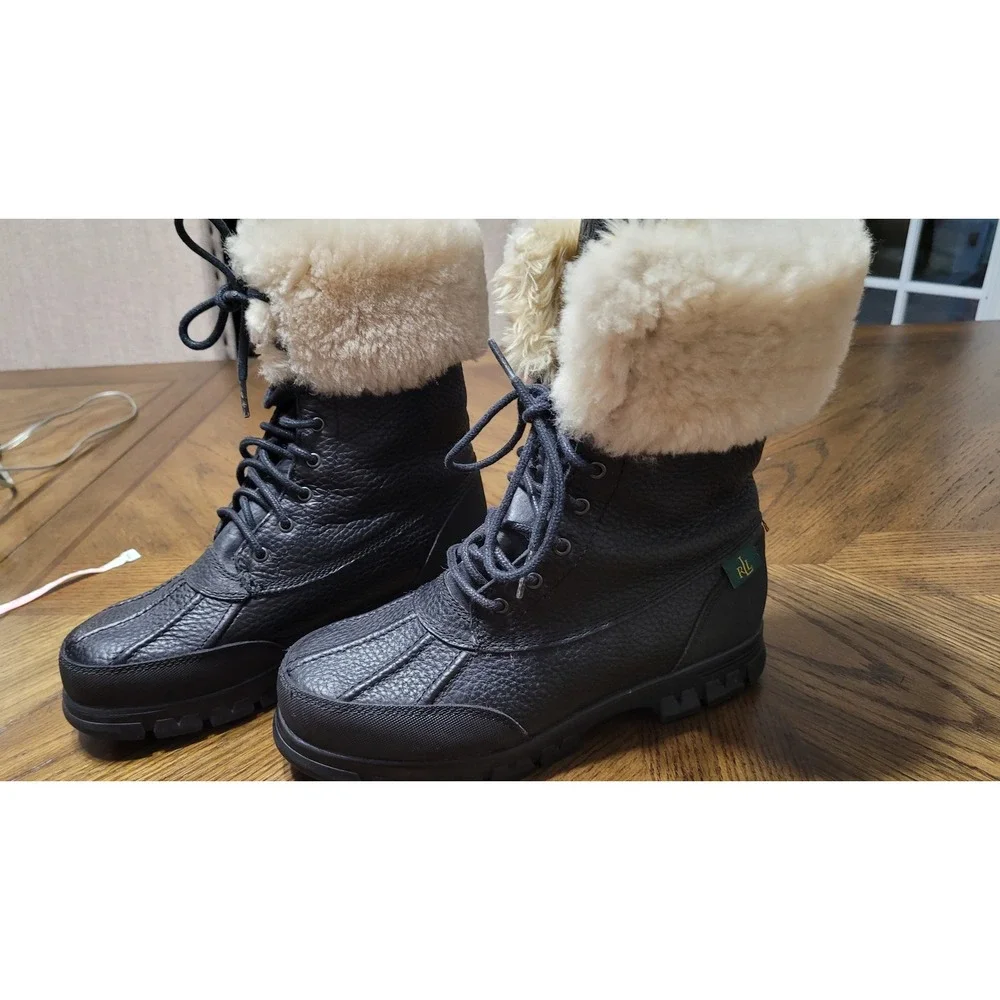 Lauren Ralph Lauren Quinta Black Leather Faux Fur Lined Duck Boots 6.5B 0862 G10